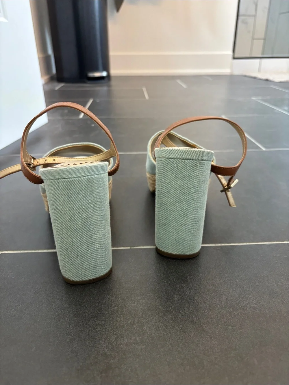 Women's denim Platform Sandal with Brown Strap